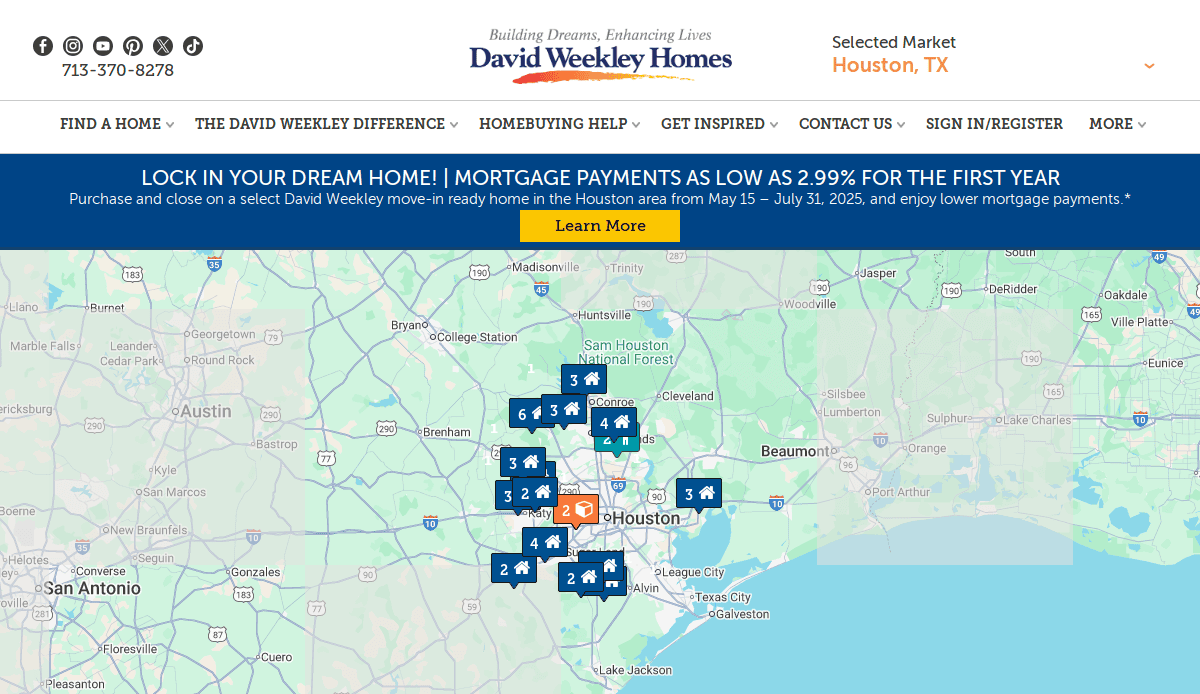 A map of the Houston, TX area on the David Weekley Homes website shows numbered markers indicating home locations. A banner at the top advertises low first-year mortgage payments. Navigation menus are visible above the map.