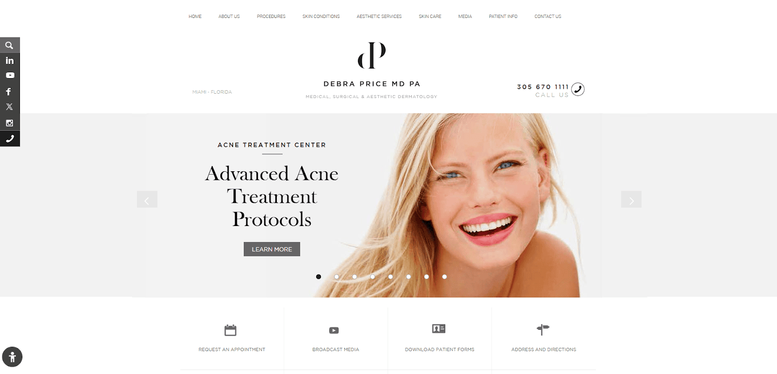 Screenshot of a dermatologist’s website homepage featuring the logo, navigation menu, contact info, and a banner with a smiling woman and text: Advanced Acne Treatment Protocols. Icons for services are below.