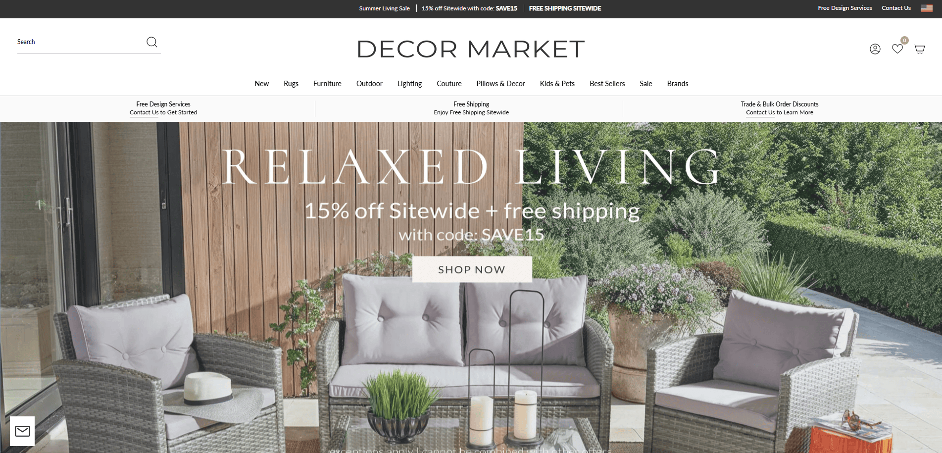 A website homepage for Decor Market displays a banner with outdoor patio furniture, a sofa set, and plants. Text reads: RELAXED LIVING, 15% off Sitewide + free shipping with code: SAVE15. A Shop Now button is in the center.