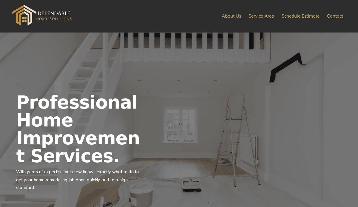 A bright, modern room under renovation with a ladder, paint cans, and drop sheets on the floor. White staircase on the left and large window at the back. Text overlay reads Professional Home Improvement Services.