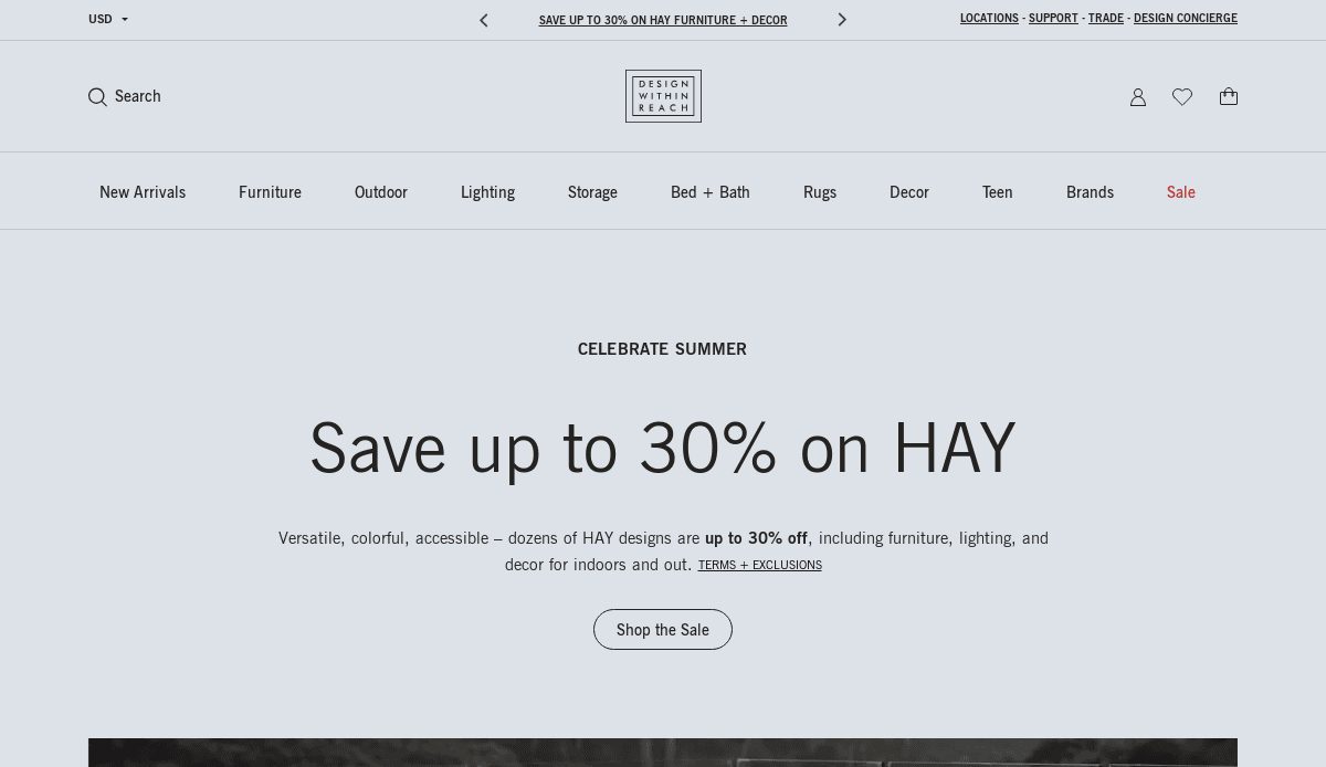 Website homepage showing a summer sale banner: “Save up to 30% on HAY.” The page has navigation links for categories like Furniture, Outdoor, Lighting, and Decor, with a “Shop the Sale” button below the message.