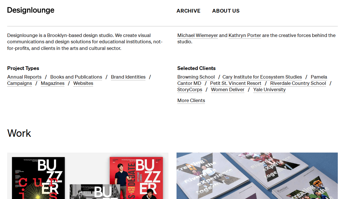 Screenshot of Designlounges website featuring an introduction, team credits, a list of project types and selected clients, and a Work section displaying several colorful project thumbnails.