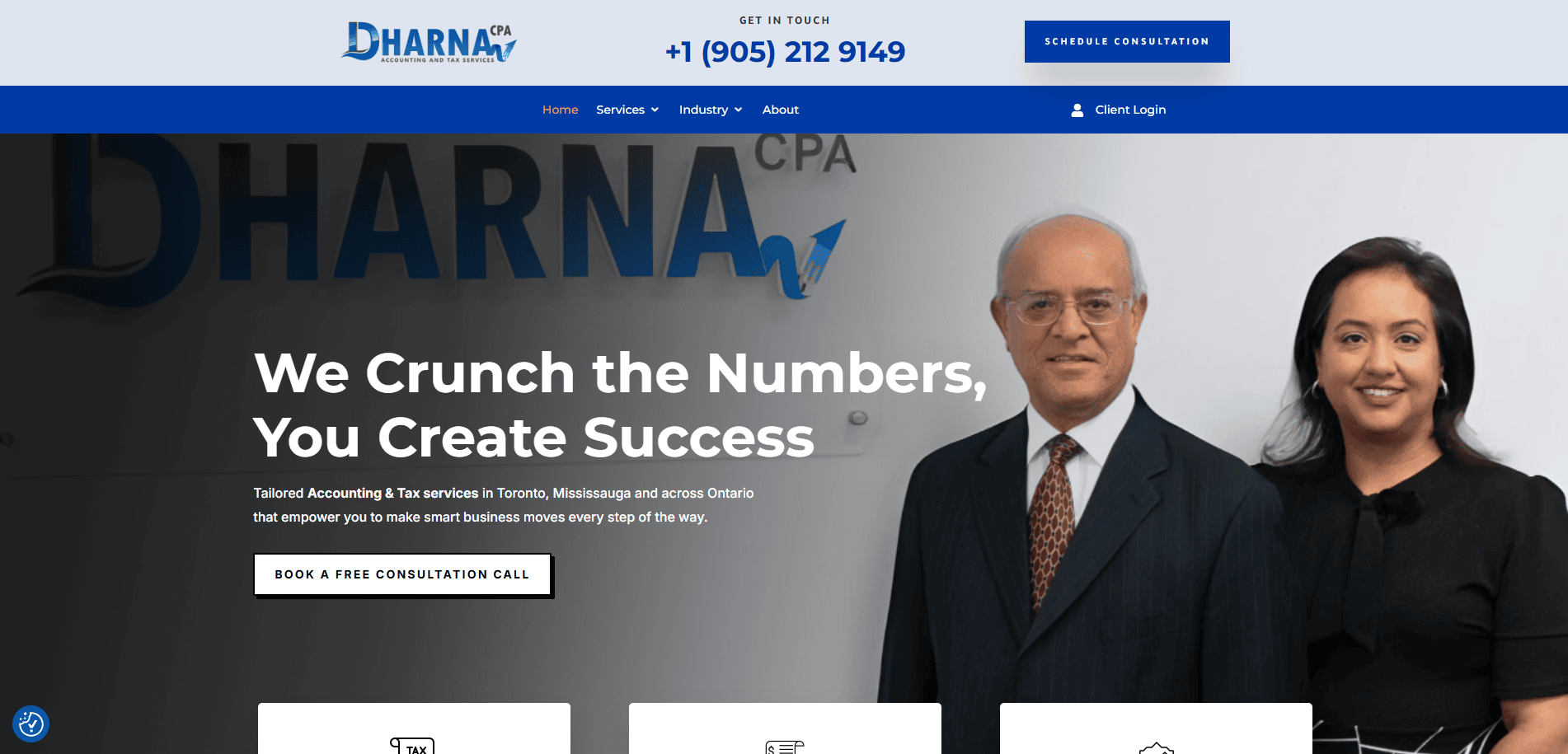 Homepage of a CPA firm featuring a banner with a man in a suit and a woman smiling, firm’s logo DHARNA CPA, contact details, navigation menu, and a call-to-action button for booking a consultation.