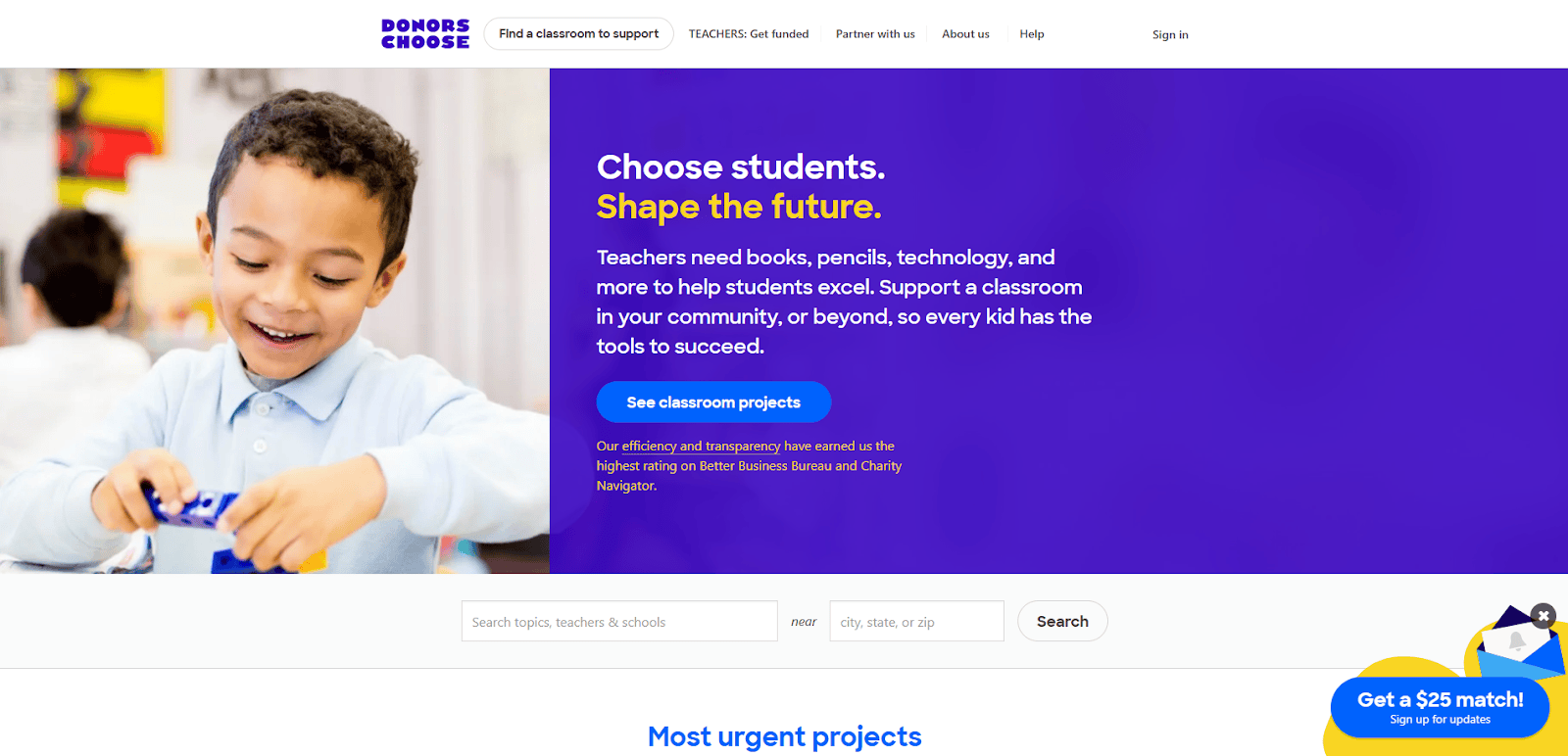 A young child in a classroom smiles while working with blue building blocks. The right side of the image features a blue section with text encouraging support for classroom projects through DonorsChoose.