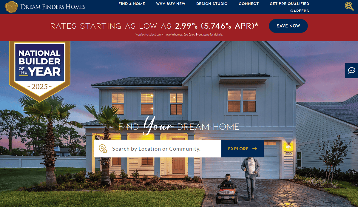 A two-story white home at dusk with warm lighting. A person and child walk on the pathway with a toy car. Dream Finders Homes banner promotes low rates and “National Builder of the Year 2025” award.