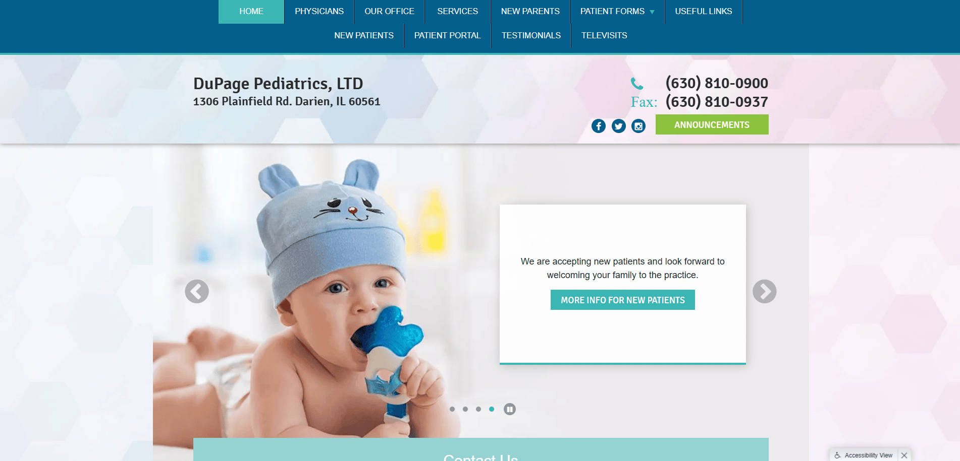 Screenshot of DuPage Pediatrics website homepage, showing a baby wearing a blue hat with bunny ears, chewing on a blue teether. The top banner displays contact info and navigation links for patients and office details.