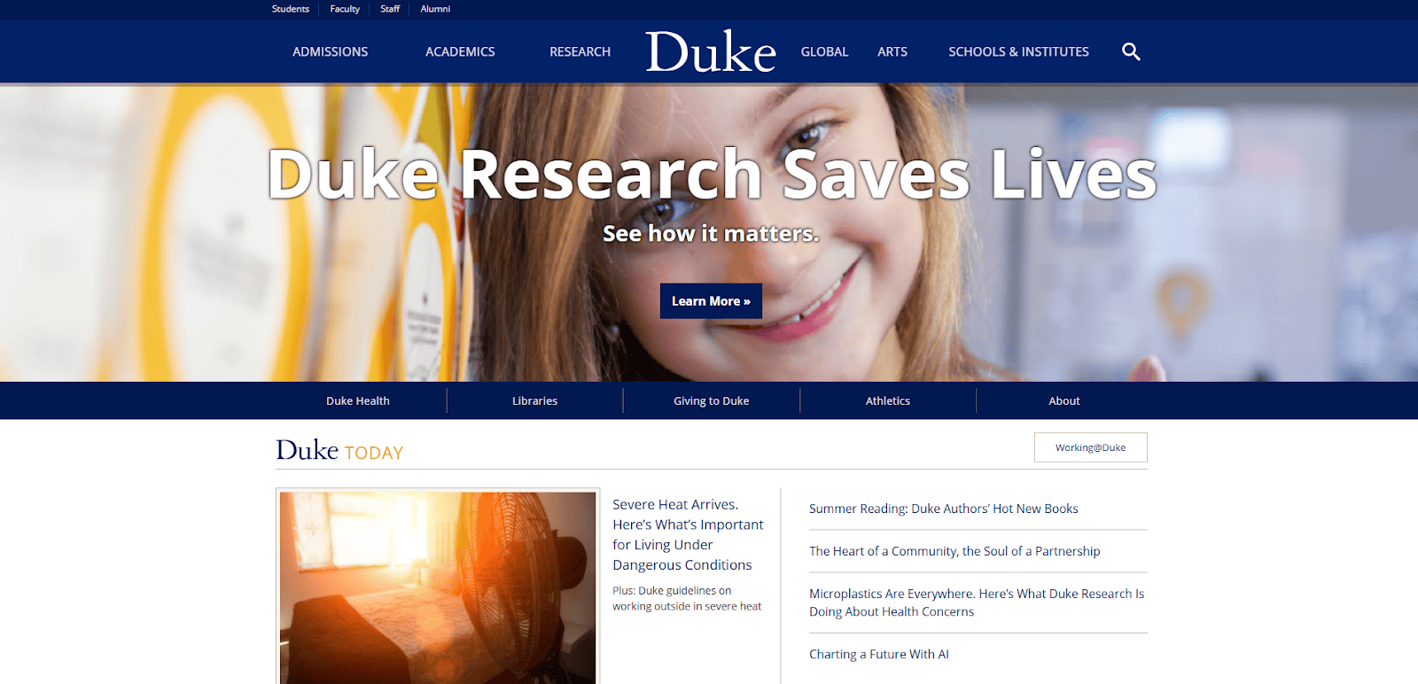 Screenshot of Duke Universitys website homepage featuring the headline Duke Research Saves Lives with a Learn More button and news articles listed below under Duke Today. The top navigation bar includes links for admissions, academics, and more.