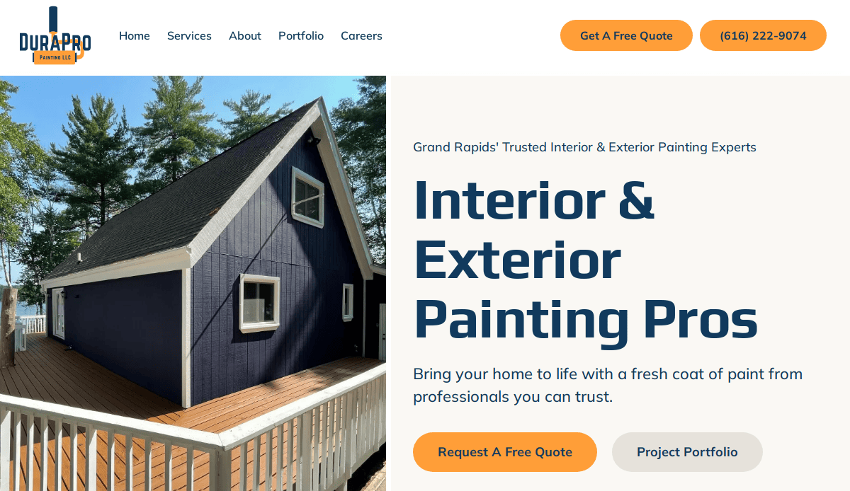 A modern blue house with white trim and a wooden deck, surrounded by trees, with text promoting Durapro’s interior and exterior painting services and buttons for a free quote and portfolio.