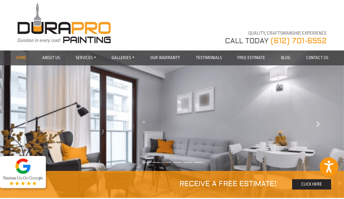 A modern living room with gray sofas, yellow accent pillows, a round coffee table, and large windows is featured on the DuraPro Painting website, which offers painting services and free estimates.