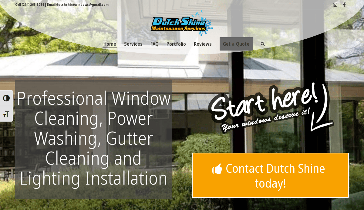 Screenshot of Dutch Shine Maintenance Services homepage showing a modern building, services offered (window cleaning, power washing, gutter cleaning, lighting), and a yellow Contact Dutch Shine today! button.