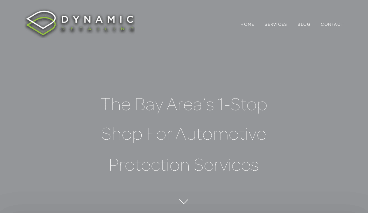 Screenshot of Dynamic Detailing’s website homepage with the company logo, navigation links (Home, Services, Blog, Contact), and headline: “The Bay Area’s 1-Stop Shop For Automotive Protection Services.”.
