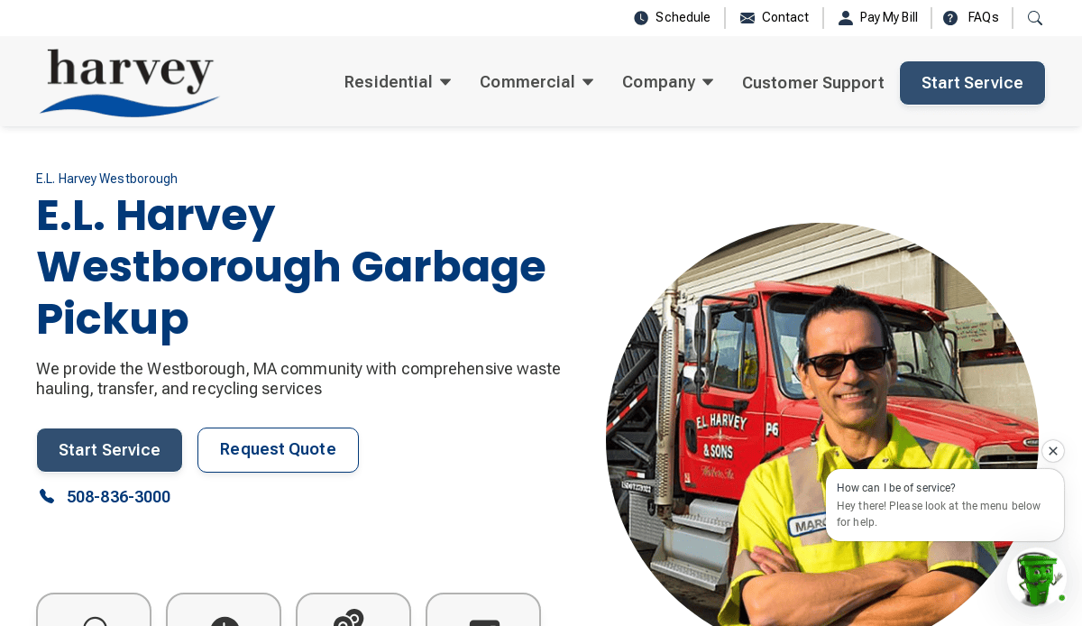 Homepage of E.L. Harvey Westborough Garbage Pickup, featuring a smiling worker in a green vest standing in front of a red company truck, with website navigation and service buttons visible.