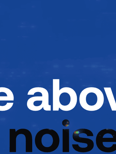 Blue background with faint light streaks, a small microphone icon and the word echo in the top left, and large text reading Rise above the noise, with the noise in bold black.