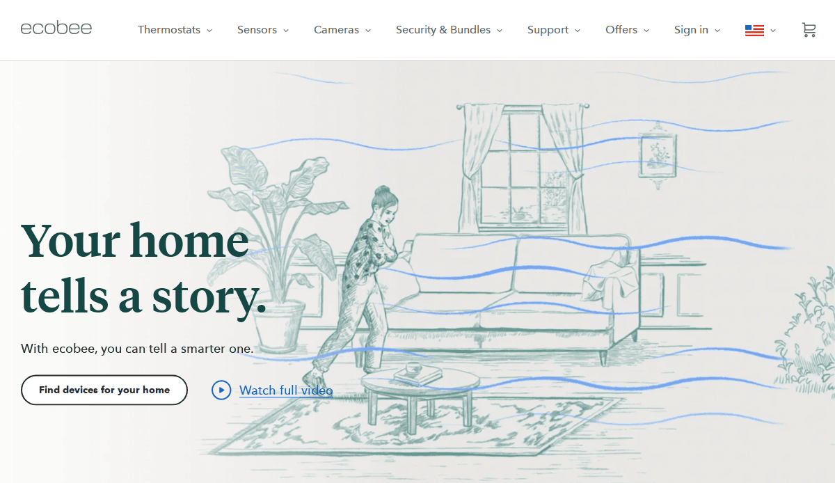A sketched living room scene with a person holding a cat, surrounded by furniture and plants. Blue wavy lines flow through the space. Text reads, Your home tells a story. With ecobee, you can tell a smarter one.