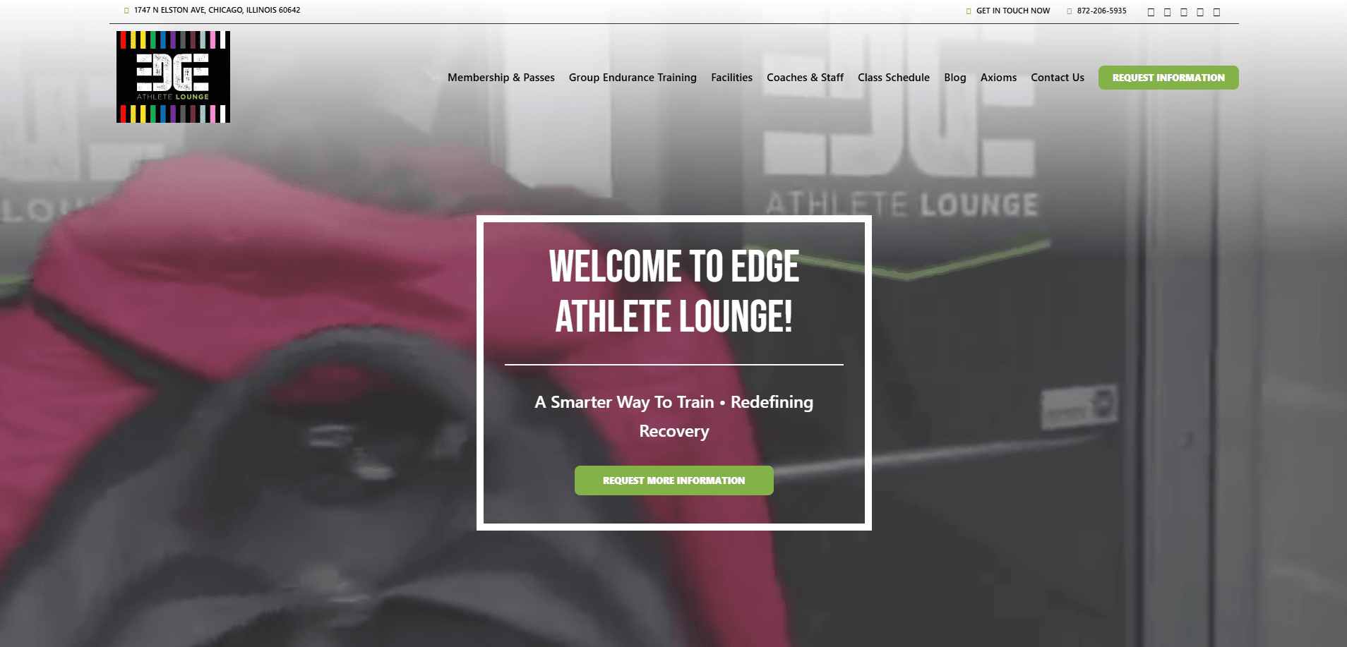 Person with a red backpack entering a gym with EDGE Athlete Lounge logo on the door; website overlay text welcomes visitors and offers options to learn more or request an introduction.