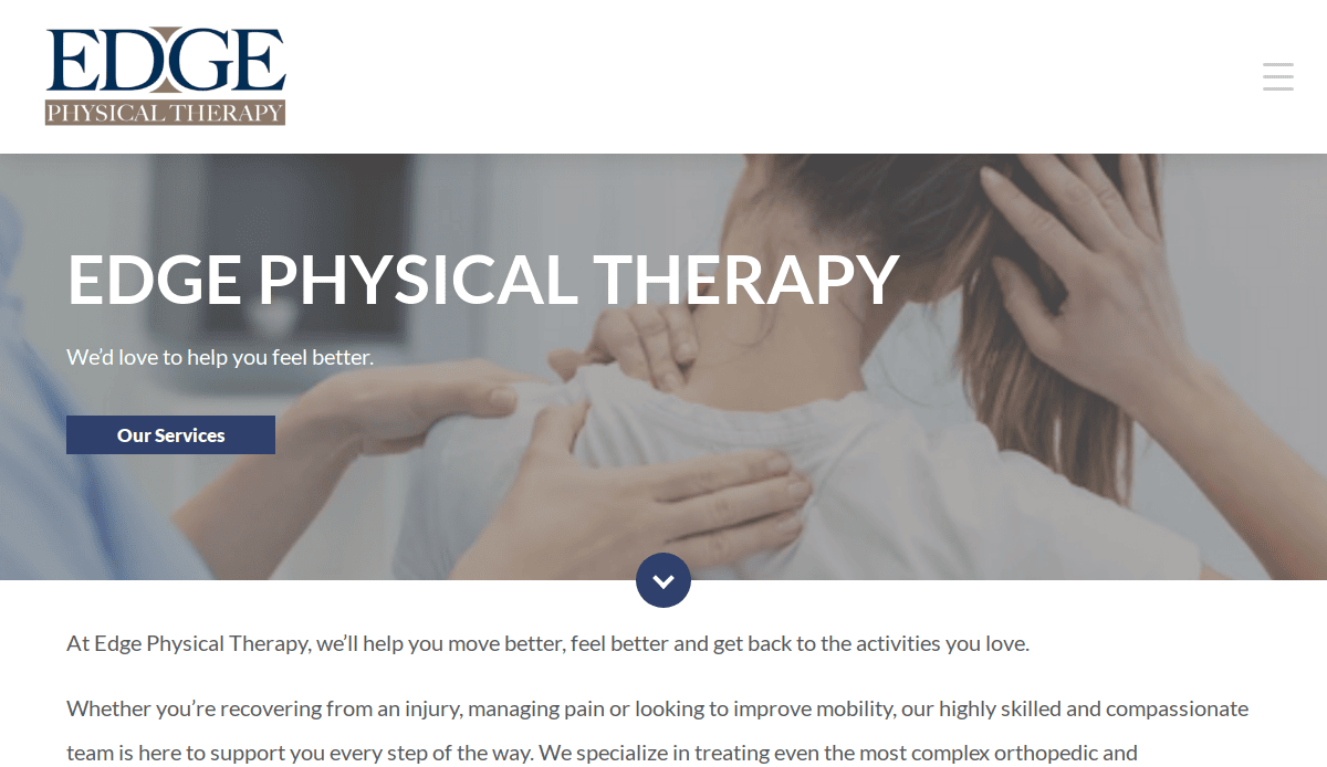 A person receives a neck and shoulder massage from a physical therapist. The website banner reads Edge Physical Therapy with a tagline about helping people feel better. A button below says Our Services.