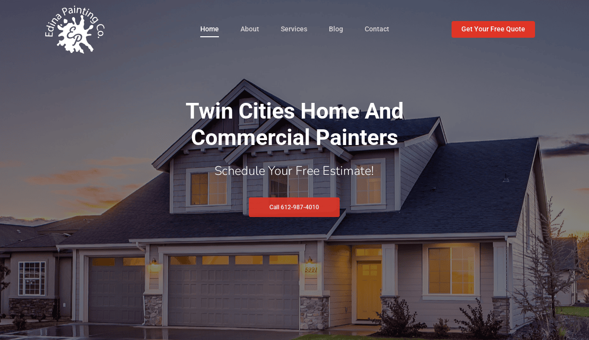 A modern two-story suburban house at dusk, with the logo and navigation bar of Edina Painting Co., headline text reading Twin Cities Home And Commercial Painters, and a red button for a free quote.