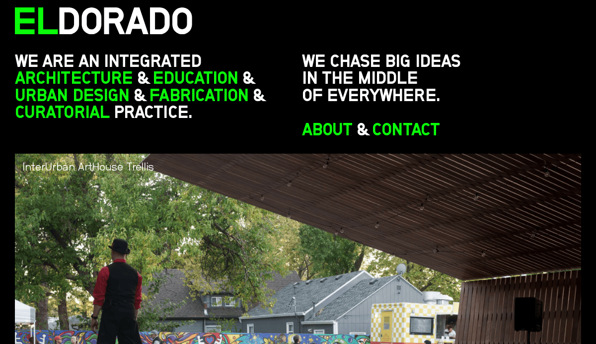 A website header for ELDORADO with bold white and green text about integrated architecture, urban design, fabrication, and curatorial practice, overlaid on a photo of a person standing under a wooden trellis outdoors.