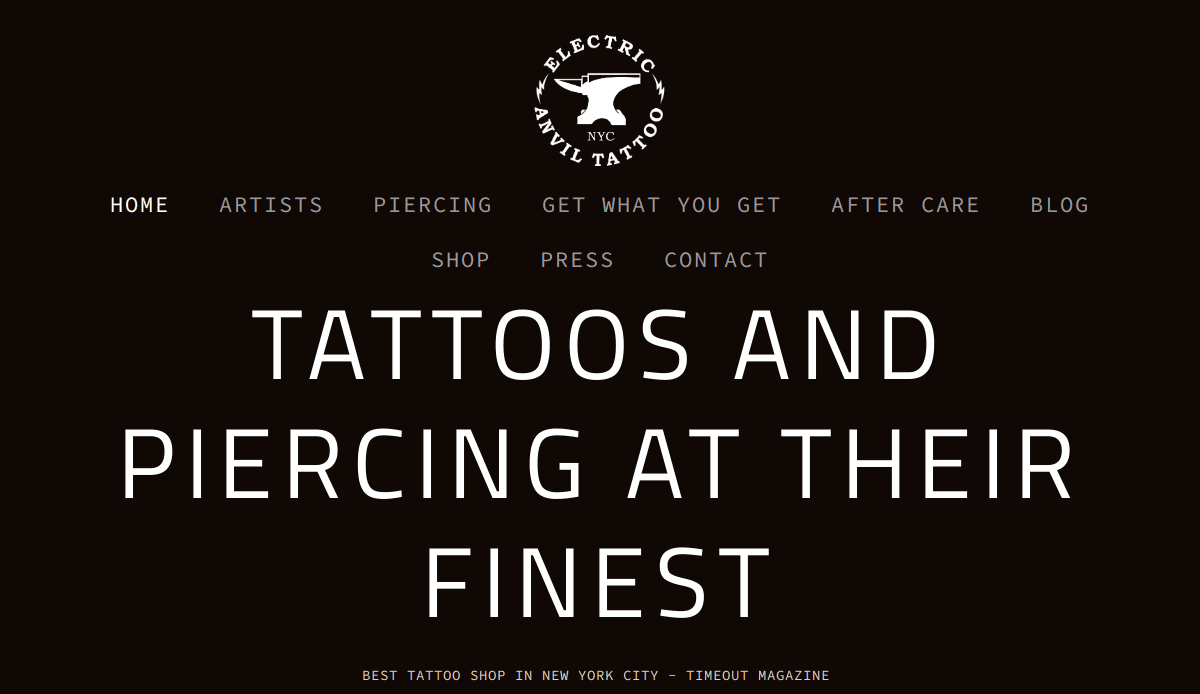 Website homepage for Electric Anvil Tattoo, showing navigation links and the slogan Tattoos and piercing at their finest in large text on a black background.