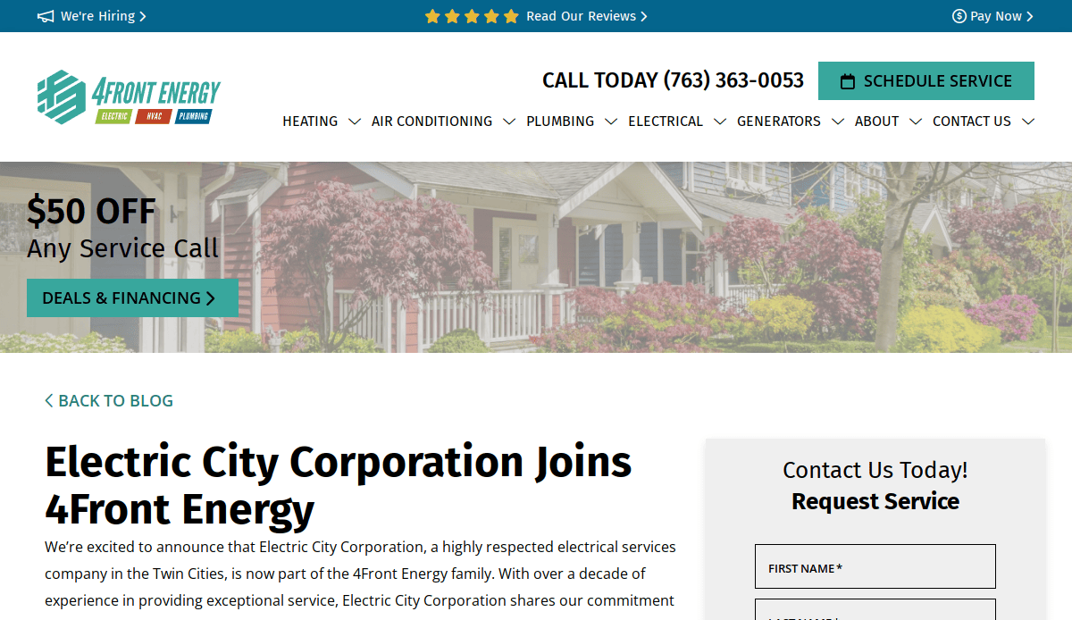 Screenshot of the 4Front Energy website showing an announcement that Electric City Corporation has joined 4Front Energy, with a $50 off service call banner, contact form, and navigation menu visible.