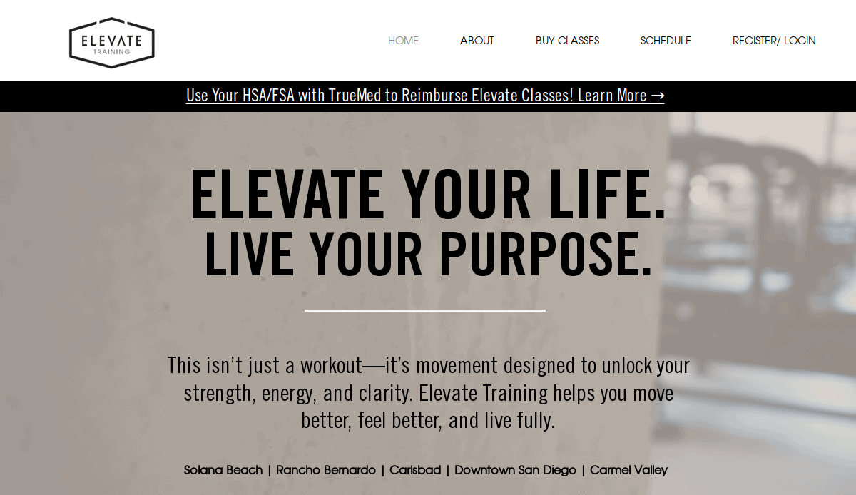 Website homepage for Elevate Training, featuring the slogan Elevate Your Life. Live Your Purpose. above a short description and a navigation bar with options to buy classes, view the schedule, and log in or register.