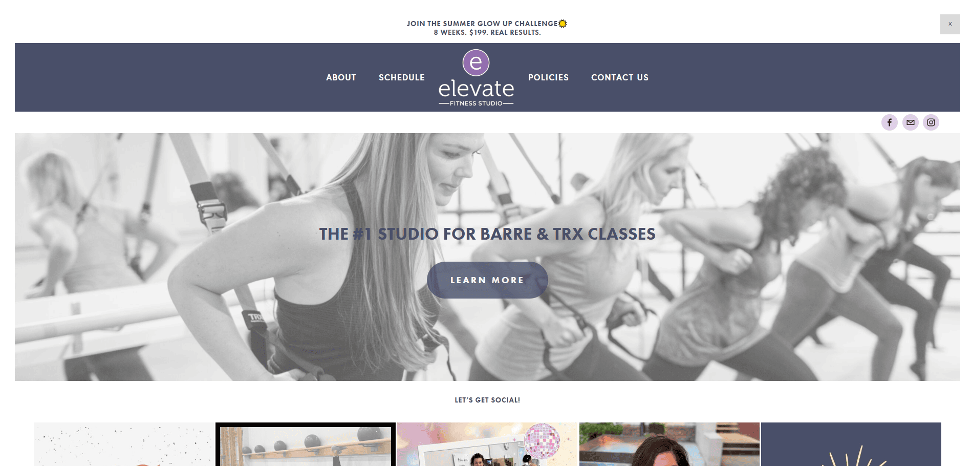 Screenshot of Elevate Fitness Studios homepage featuring a banner with women exercising in a class, site navigation menus, and a call-to-action button reading Learn More about barre and TRX classes.