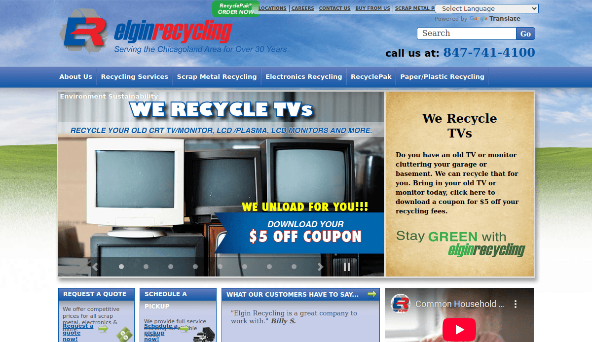Screenshot of the Elgin Recycling website featuring TV recycling services, a $5 off coupon, navigation menu, contact number, and information about recycling old TVs and staying green.