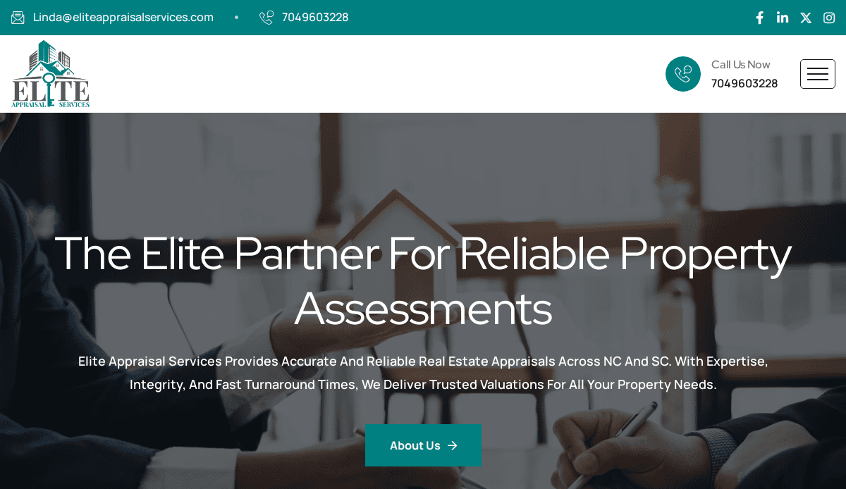 Website homepage for Elite Appraisal Services showing contact details, company logo, tagline The Elite Partner For Reliable Property Assessments, and a call-to-action button. Background image includes two people meeting.