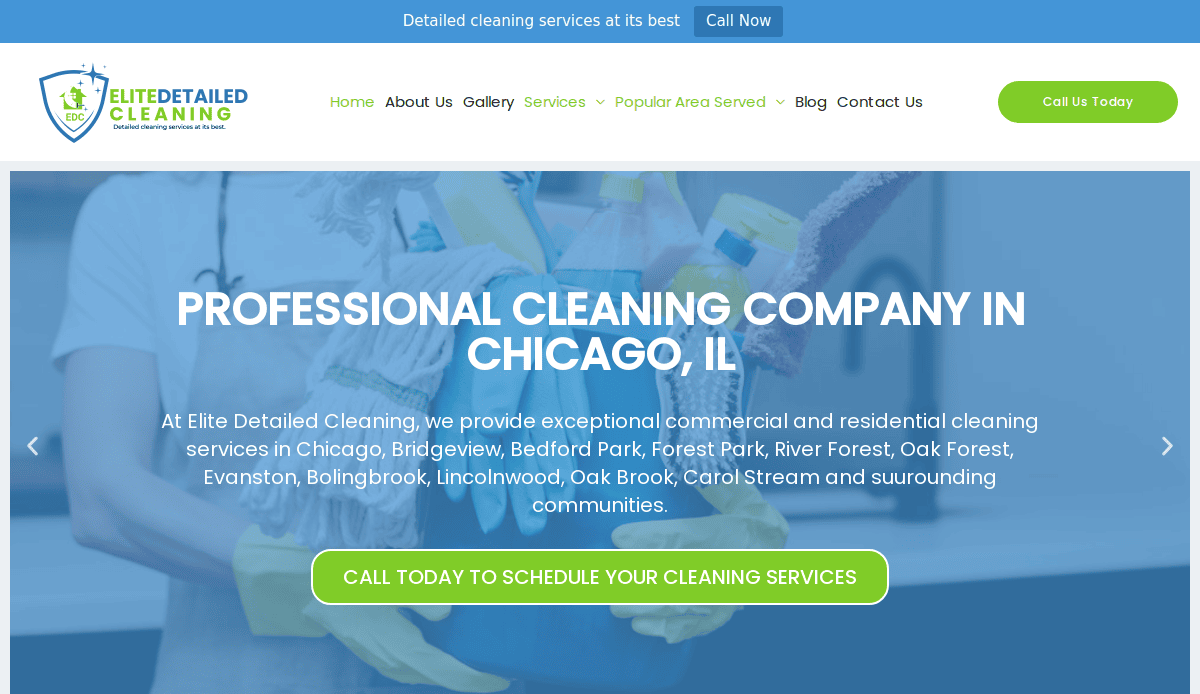 Screenshot of a cleaning company website. The banner shows gloved hands holding cleaning supplies with the text: Professional Cleaning Company in Chicago, IL and a green button to schedule cleaning services.