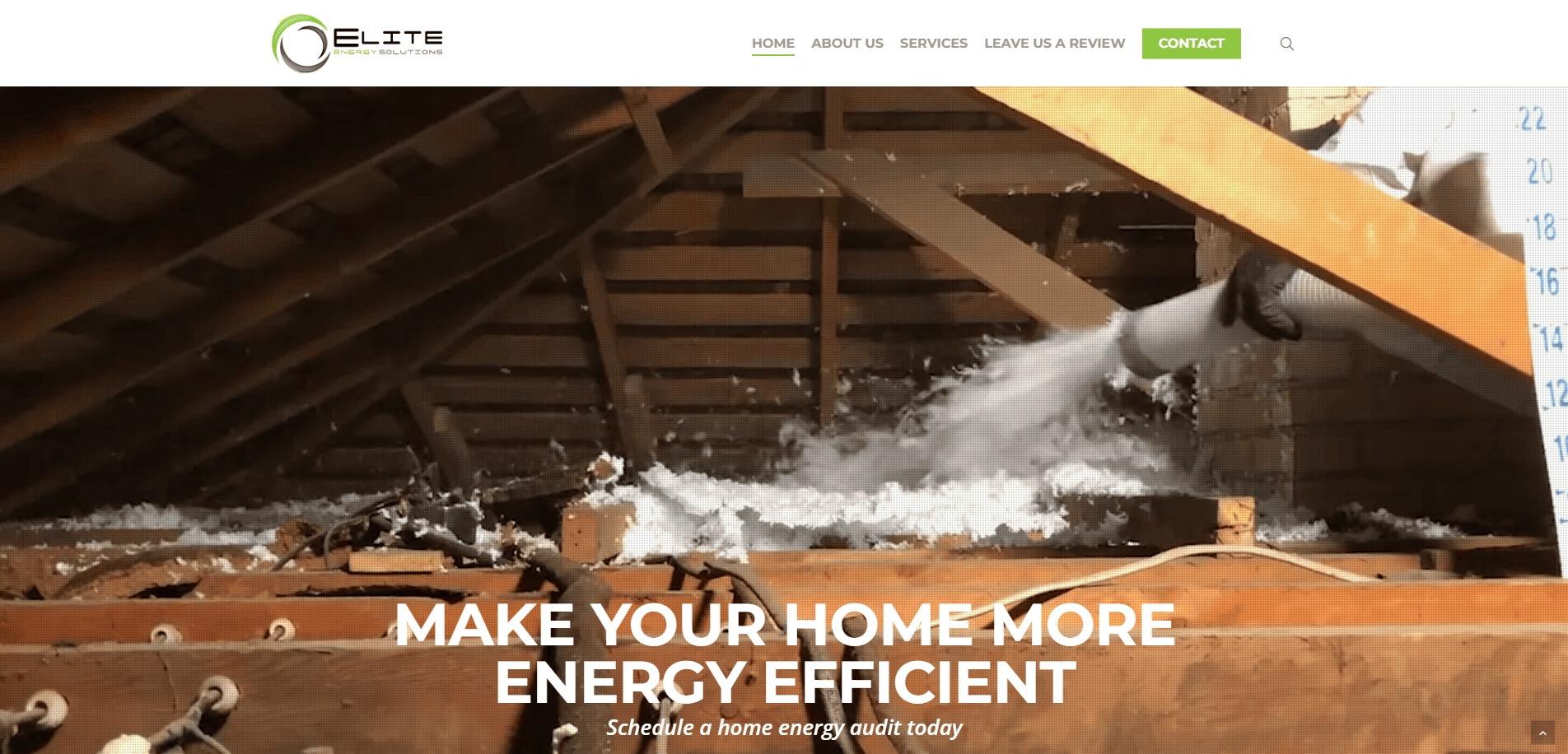 Blown-in insulation being installed in a homes attic, with the message Make your home more energy efficient displayed on top. Elite Home Solutions logo and website navigation are visible at the top.
