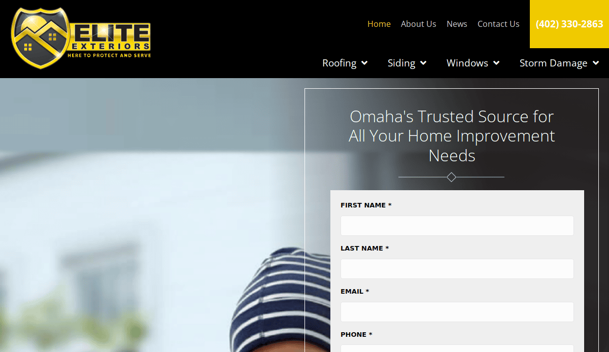 Screenshot of Elite Exteriors website showing a contact form for home improvement needs, the company logo, navigation menu, and a yellow phone number box in the top right corner.
