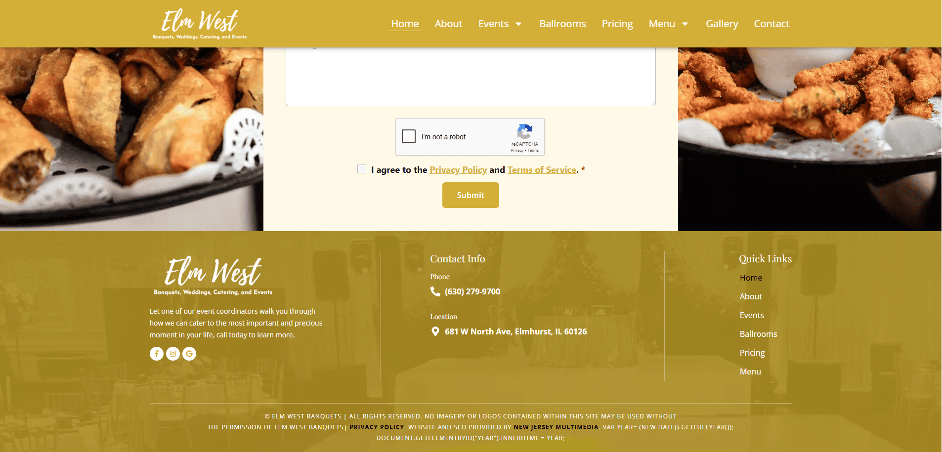 A website contact form for Elm West Banquets featuring checkboxes, a submit button, and images of assorted pastries and fried appetizers on plates. The footer displays contact info and navigation links.