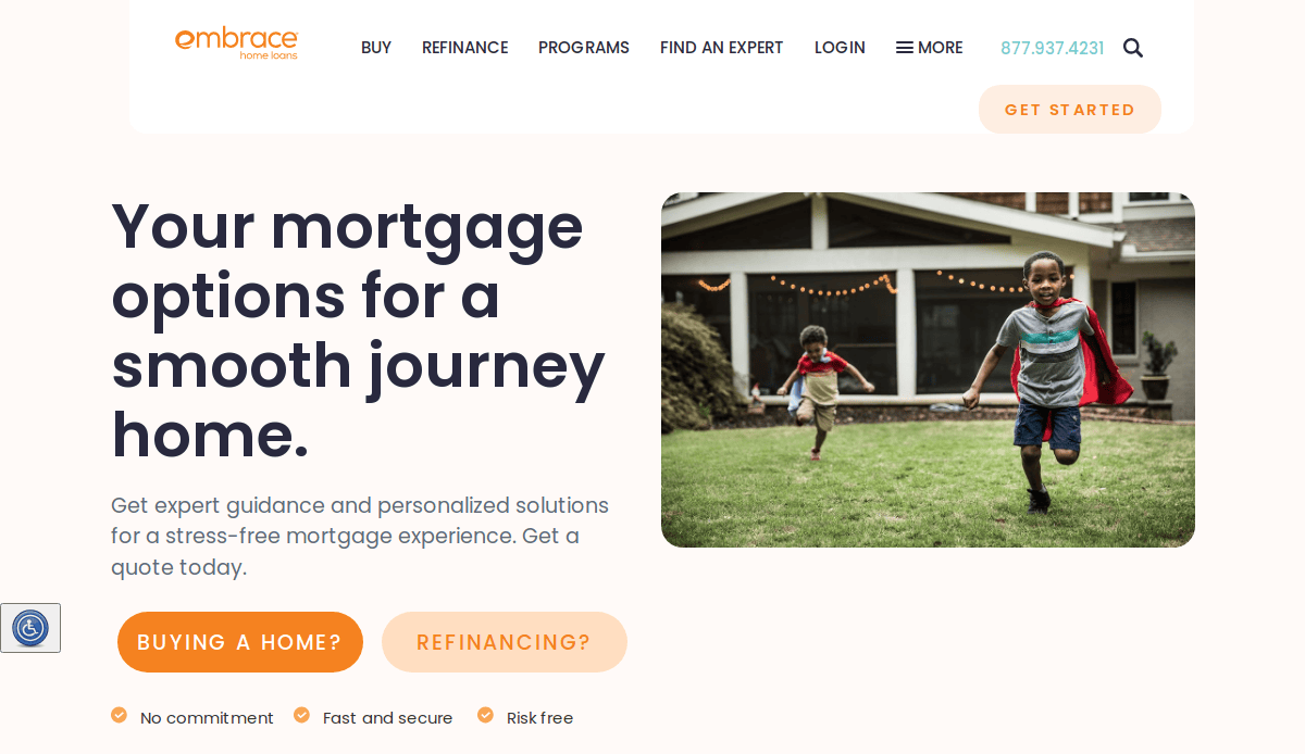 Website screenshot showing a mortgage company’s homepage with a headline about mortgage options, a photo of two children running outside a house, and buttons labeled Buying a home? and Refinancing?.