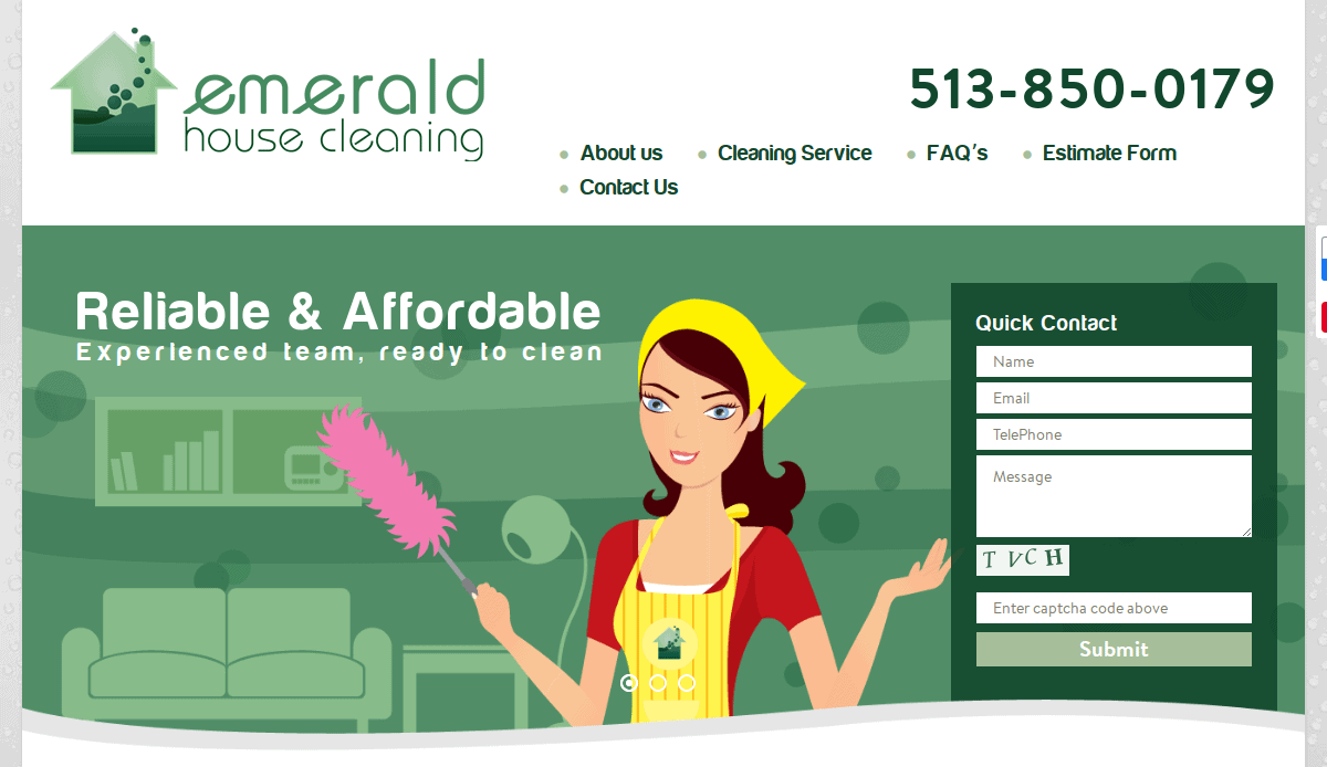 A woman in a yellow headscarf and apron holds a pink duster. The banner reads Reliable & Affordable for Emerald House Cleaning, with contact info, menu, and a quick contact form on a green background.