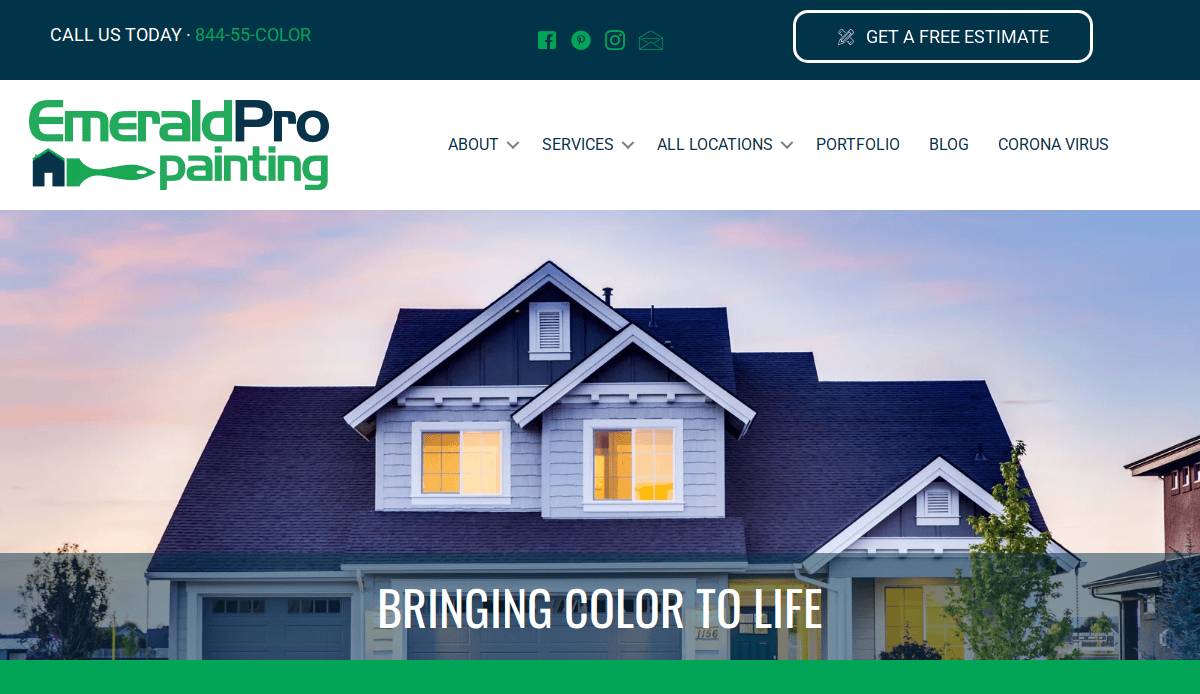 Screenshot of the EmeraldPro Painting website homepage, featuring a modern house at sunset, the company’s logo, navigation menu, “Get a Free Estimate” button, and the tagline “Bringing Color to Life.”.