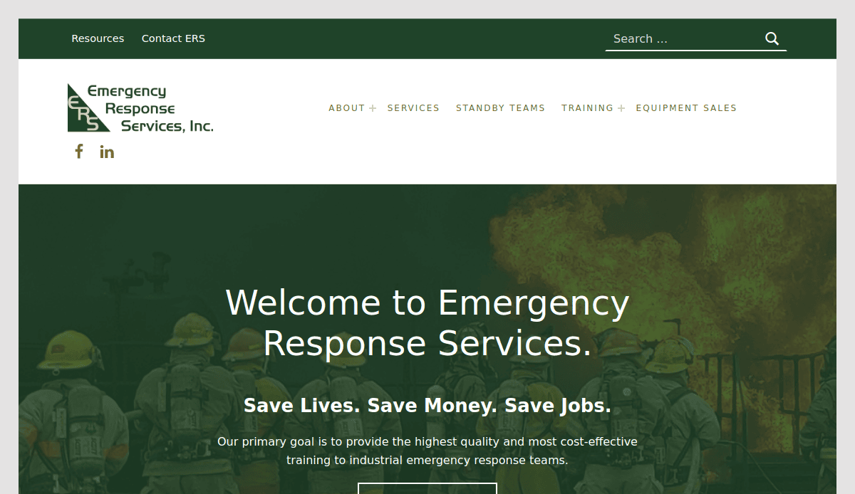 Screenshot of the Emergency Response Services, Inc. website showing firefighters in gear facing a large fire, with the text: “Welcome to Emergency Response Services. Save Lives. Save Money. Save Jobs.”.