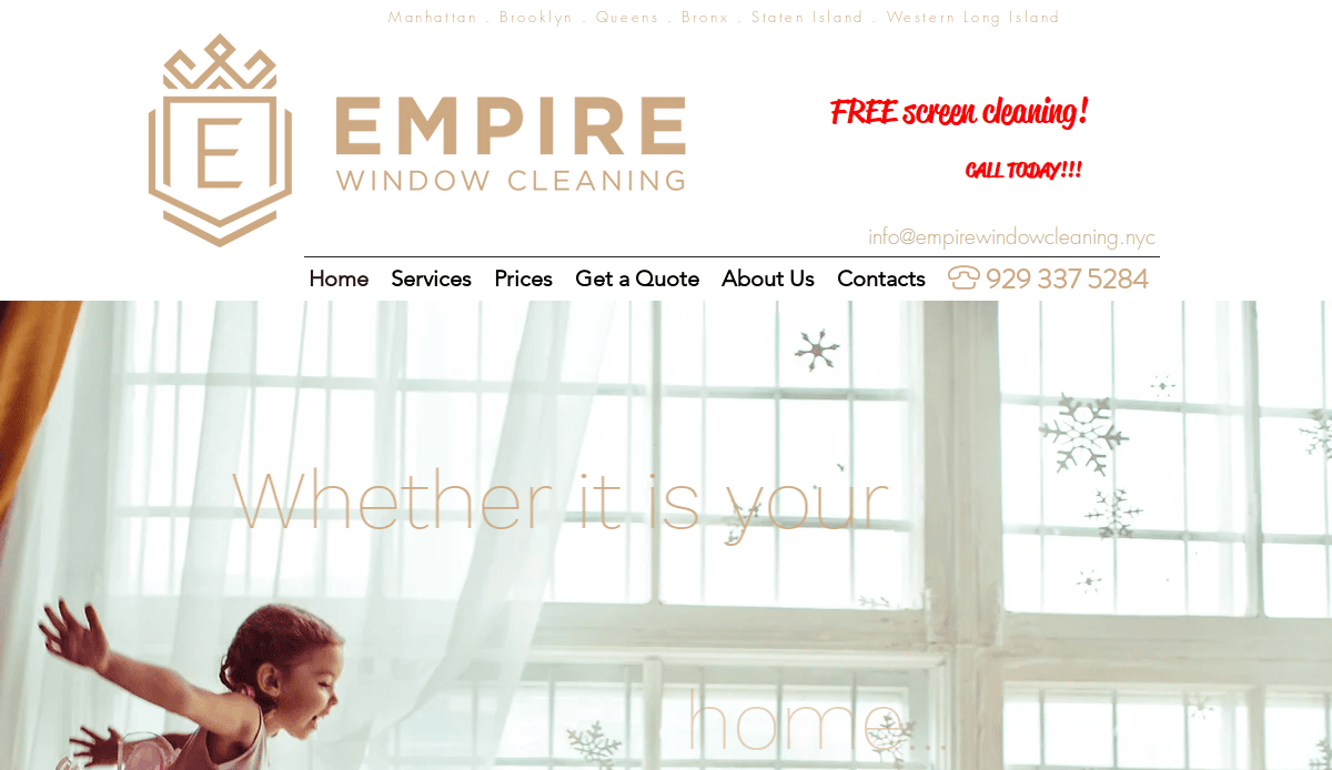 Empire Window Cleaning website homepage with logo, contact info, a free screen cleaning promotion in red text, and a background of a child playing near large, bright windows. Navigation menu is visible at the top.