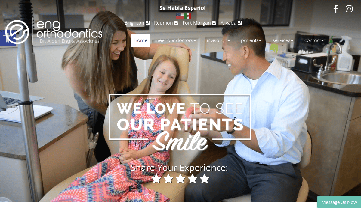 A young girl sits in a dental chair, smiling, while a woman and a dentist happily interact with her. Text on the image says We love to see our patients smile at Eng Orthodontics.