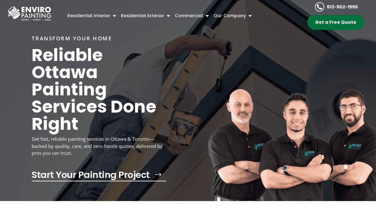 Three men in black shirts stand smiling in front of a green wall with a painter using a ladder in the background. The text promotes reliable Ottawa painting services by Enviro Painting.
