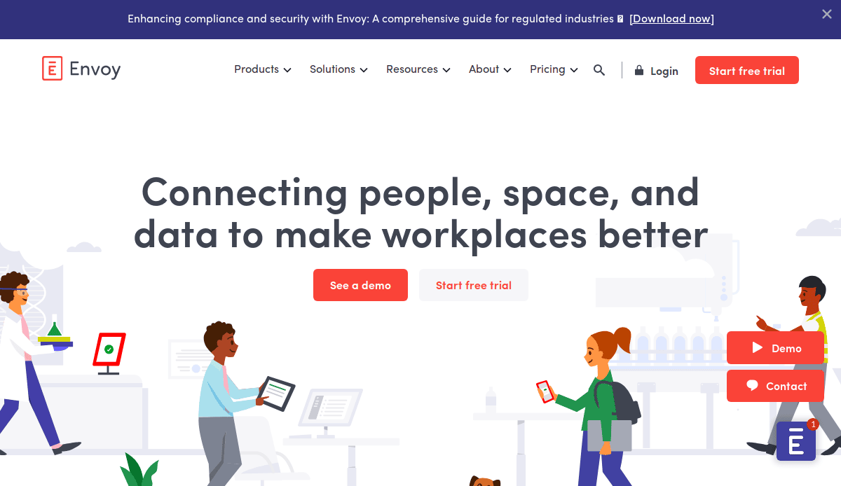 A website homepage for Envoy shows people working in an office setting, with the headline Connecting people, space, and data to make workplaces better and buttons for demo, free trial, login, and contact.