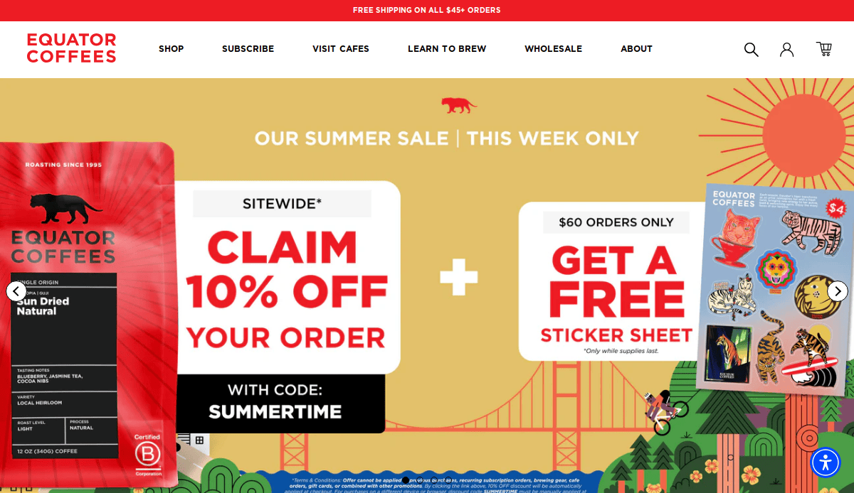 Equator Coffees website banner shows a summer sale: 10% off sitewide with code SUMMERTIME and a free sticker sheet for $60+ orders. The background features the Golden Gate Bridge and sun graphics.