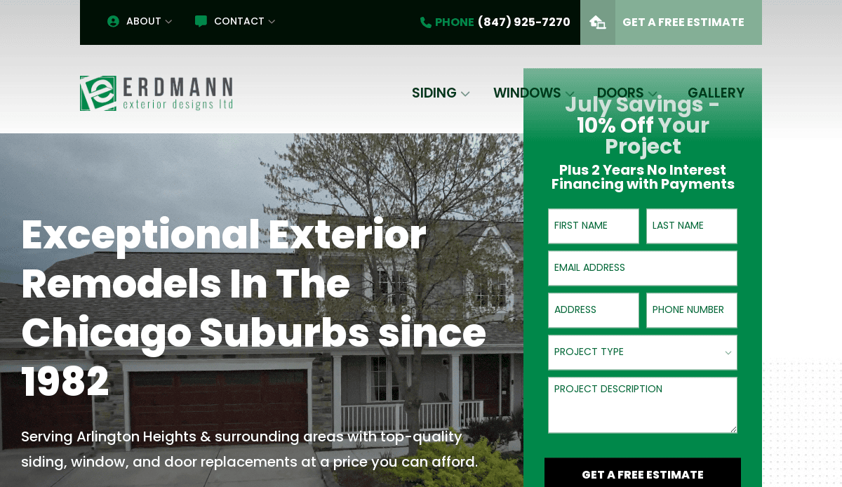 Screenshot of the Erdmann Exterior Designs Ltd website, showing a banner about exterior remodels in Chicago suburbs, a navigation menu, contact info, and a form offering 10% project savings and 2 years no interest financing.