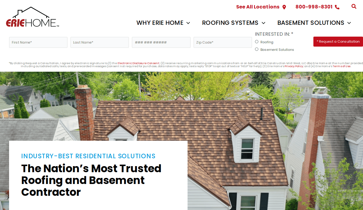 A website homepage for Erie Home shows a house with brown shingles. The banner reads The Nation’s Most Trusted Roofing and Basement Contractor. Contact details and navigation links appear at the top.