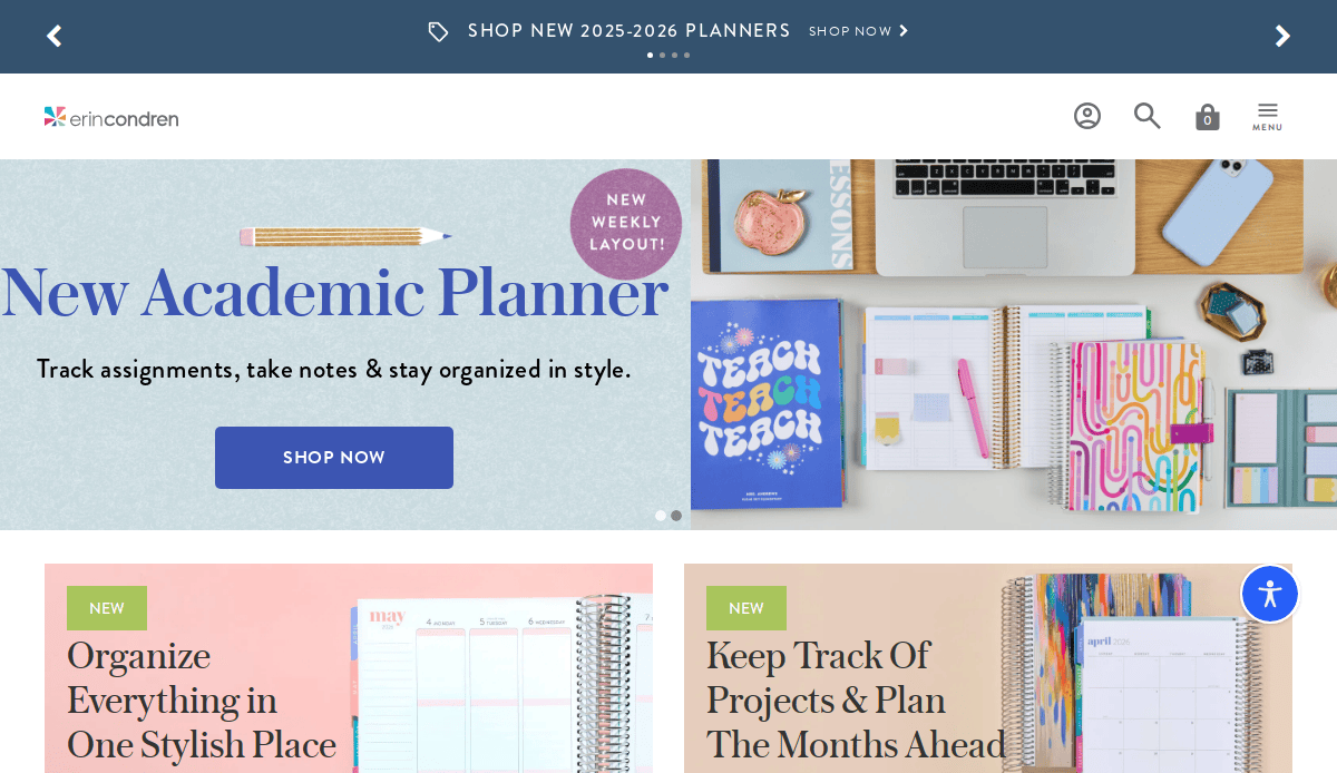Screenshot of a website promoting academic planners, featuring colorful planners, notebooks, and office supplies arranged on desks, with banners reading “New Academic Planner” and options to shop or learn more about planner features.