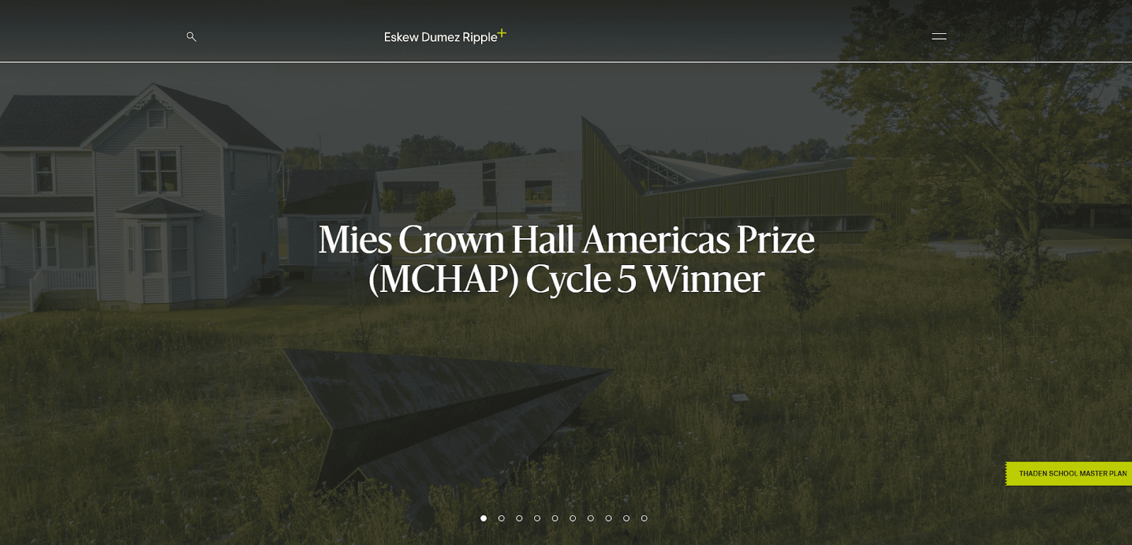 Modern building with angular green roof behind grassy field, large metal sculpture, and an old white house. Text overlay reads: Mies Crown Hall Americas Prize (MCHAP) Cycle 5 Winner.