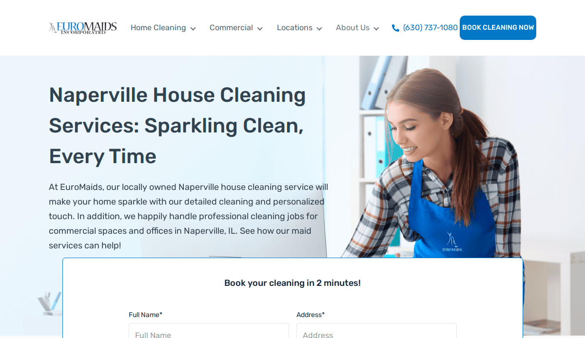 Screenshot of a cleaning service website featuring a smiling woman in an apron cleaning a surface. The main headline reads, “Naperville House Cleaning Services: Sparkling Clean, Every Time. A booking form is visible below the headline.