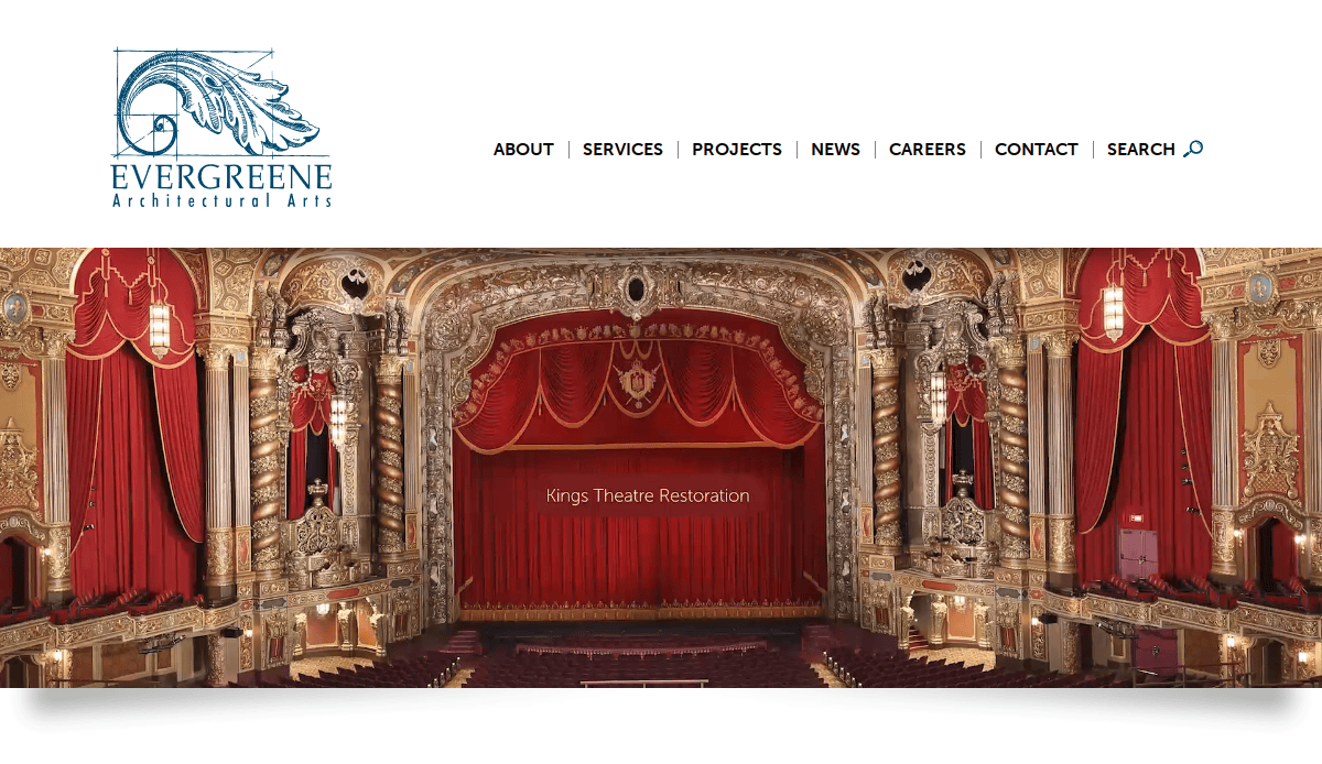 Ornate, historic theater interior with red seats and a grand stage framed by intricate gold and decorative detailing; “Kings Theatre Restoration” appears on the stage curtain. Evergreene Architectural Arts logo and menu are at the top.