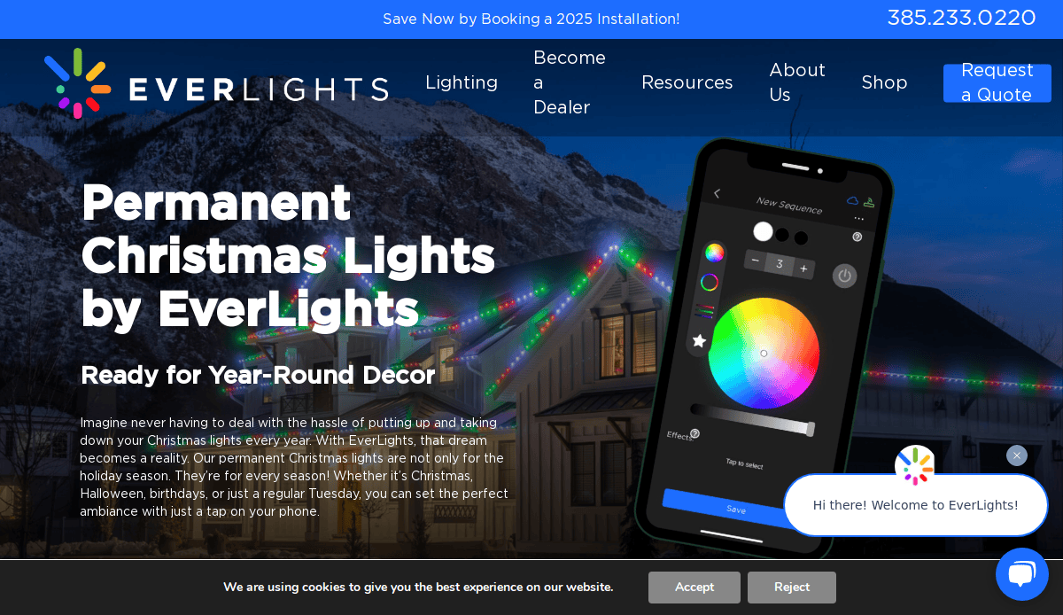 A website homepage for EverLights shows a mountain house with colorful Christmas lights and a phone displaying a lighting control app. The header includes navigation links, a phone number, and a button to request a quote.