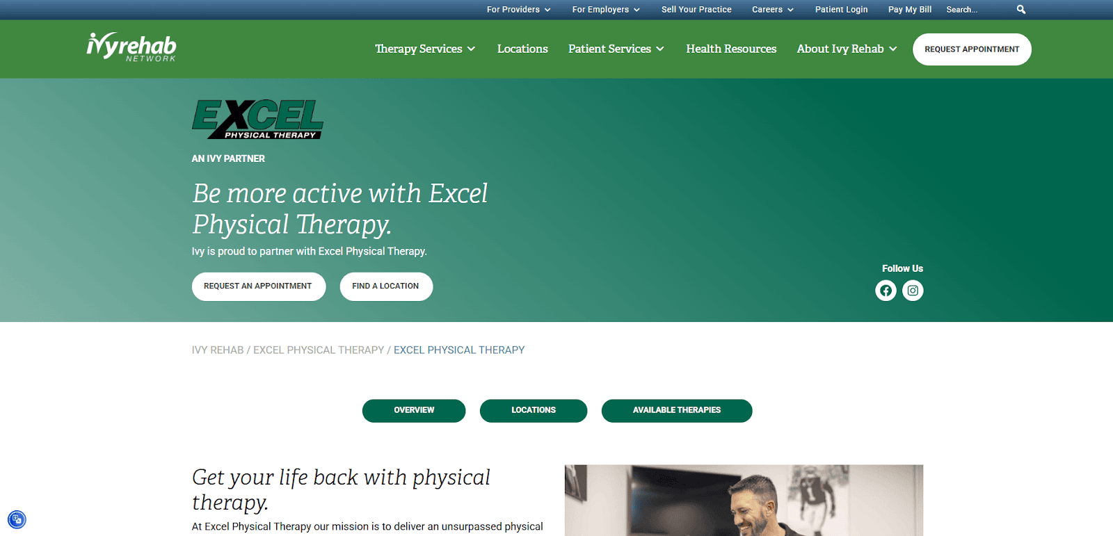Screenshot of Ivy Rehab Network’s website featuring Excel Physical Therapy partnership, with green header, navigation menu, “Be more active with Excel Physical Therapy” message, and buttons to request an appointment or find a location.