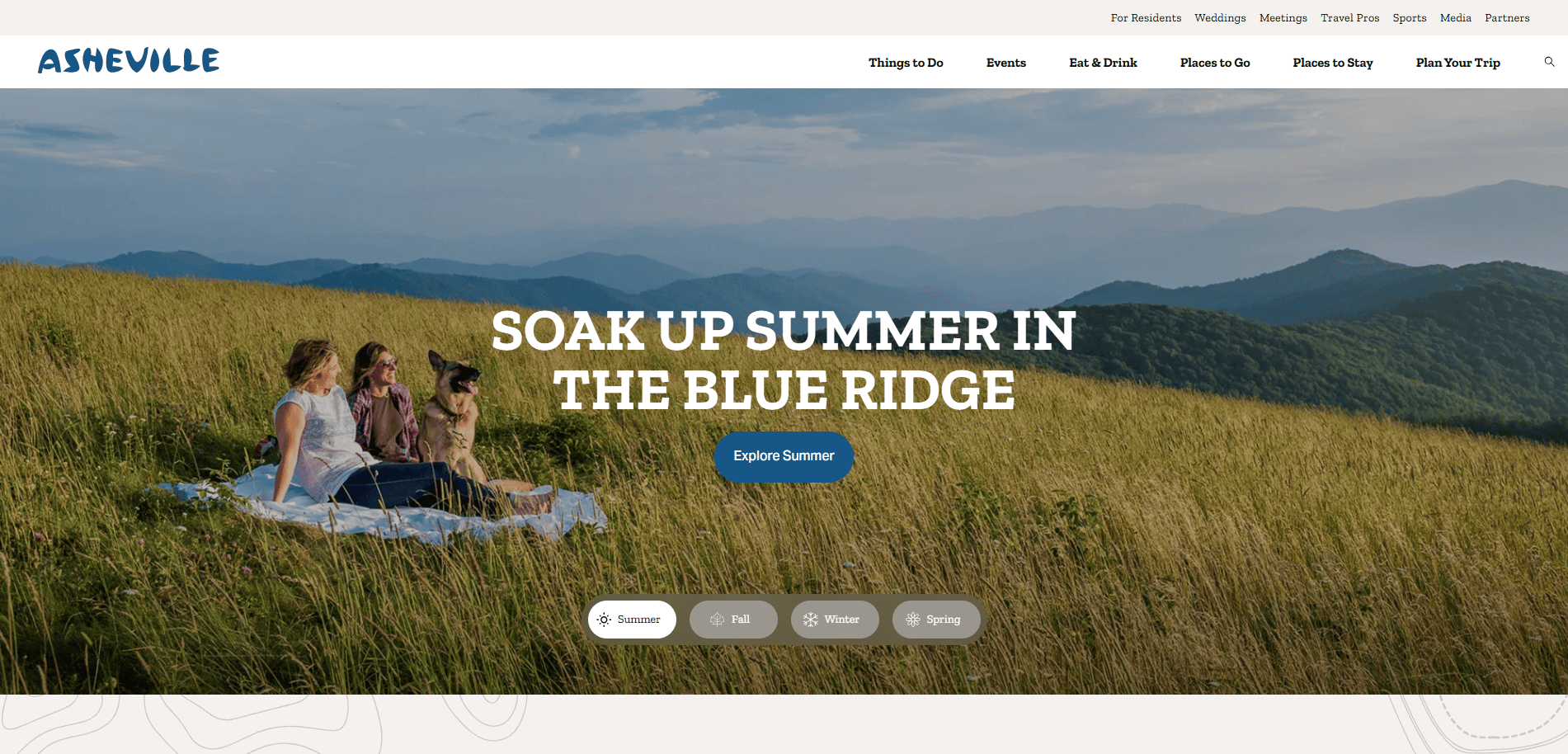 Three people and a dog sit on a blanket in a grassy field, overlooking rolling green mountains under a cloudy sky. Text reads, Soak Up Summer in the Blue Ridge.
